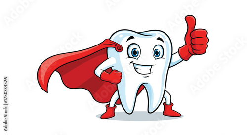 A happy cartoon tooth wearing a red cape and boots gives a thumbs up.