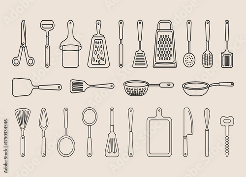 Kitchen Utensils Outline Vector Illustration Culinary Tools and Accessories for Cooking and Baking in Kitchenware Flat Design