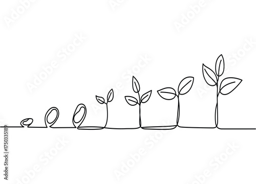 One Line Continuous Drawing of Seed Germination Stages into Plant Growth Process Concept Illustration on White Background Minimalist Art