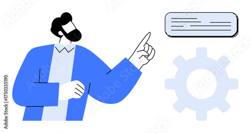 Person gesturing towards content text with a gear icon representing configuration, process, or system setup. Ideal for teamwork, guidance, design, workflow, strategy usability collaboration. Clean