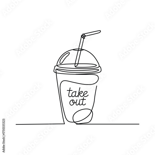Single line drawing of takeout drink with straw and lid minimalist concept for restaurant menu or advertising banner art design template vector illustration