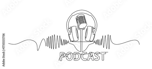  Retro microphone and headphones radio podcast concept simple continuous one line drawing