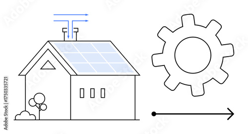Smart home powered by solar panels, gear symbolizing automation, and flow arrow indicating energy. Ideal for renewable energy, sustainability, smart home, automation, environmental tech, innovation