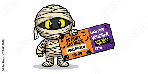 A cartoon mummy with bright yellow eyes holds a Halloween coupon offering spooky savings and a special discount.