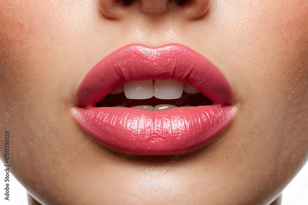 Obraz premium Close-up of glossy pink lips with natural skin texture, beauty and cosmetics concept showcasing lip gloss, lipstick makeup, skincare, and sensual feminine style