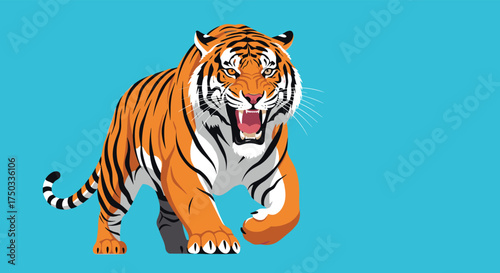 Majestic tiger showing its power in a vibrant blue background.