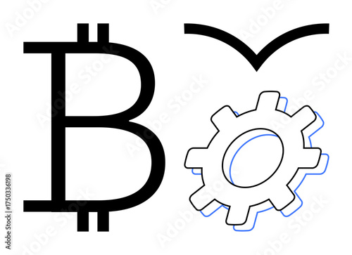Large Bitcoin sign, gear, and bird silhouette combining ideas of cryptocurrency, technology, and freedom. Ideal for fintech, blockchain, automation, economy decentralization innovation simple flat
