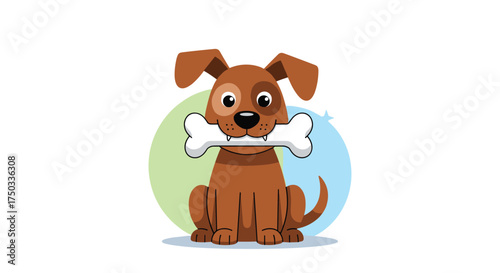 A cute brown dog sitting and holding a bone in its mouth happily.