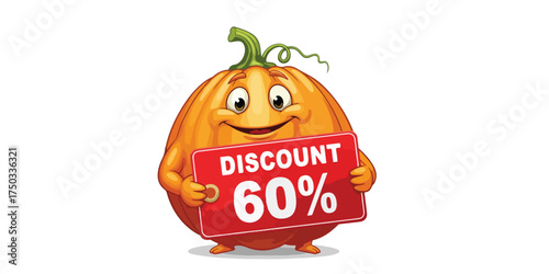 A cheerful cartoon pumpkin character with arms and legs holds a red sign advertising a 60 percent discount.
