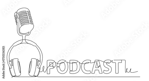  Retro microphone and headphones radio podcast concept simple continuous one line drawing