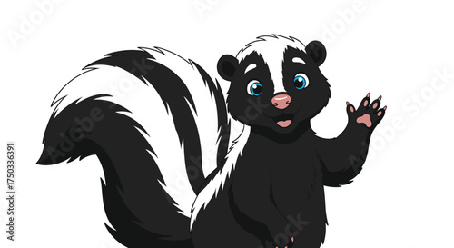 A friendly cartoon skunk with a big fluffy tail waves hello.