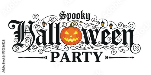 Ornate text reads "Spooky Halloween Party" with a carved jack o lantern replacing the letter O in Halloween.