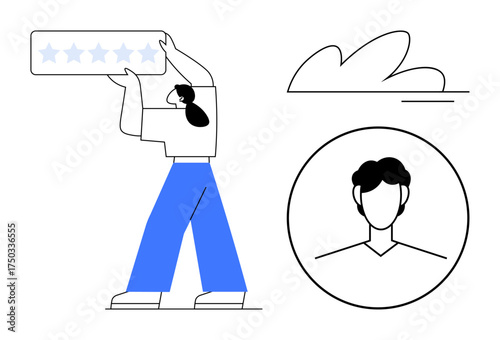 Woman lifting a five-star rating banner next to a user profile avatar and a minimal cloud element. Ideal for feedback, evaluation, performance, quality, reputation, user experience, trust. Clean