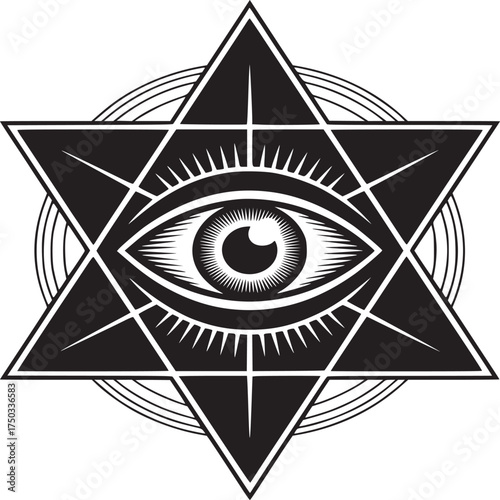 Mystic eye in star radiates power and intrigue perfect for spiritual or esoteric concepts now