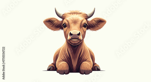 A cute brown calf with horns lies on a white surface with a calm expression.
