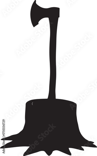 Black silhouette of an axe embedded in a tree stump