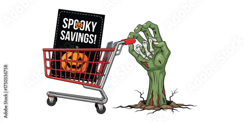 A skeletal zombie hand emerges from the ground, reaching towards a shopping cart displaying a Halloween pumpkin and a sign for spooky savings.