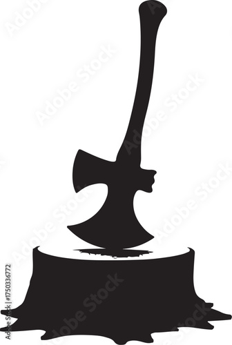 Black silhouette of an axe embedded in a tree stump