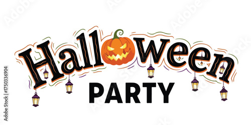 A festive Halloween party banner featuring a carved jack o lantern and hanging lanterns, perfect for invitations and decorations.