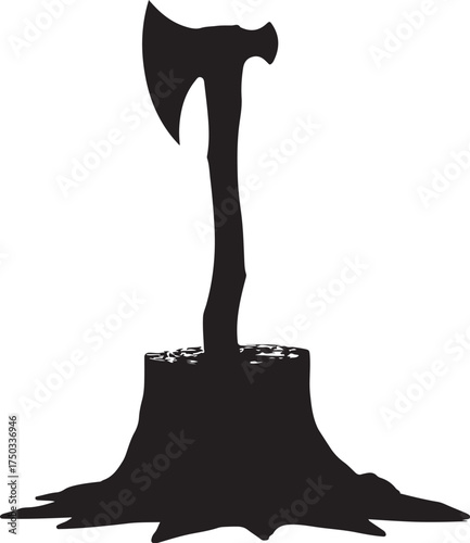 Black silhouette of an axe embedded in a tree stump