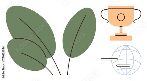Green leaves, a golden trophy, and a globe with lines express sustainable practices, environmental awareness, and global success. Ideal for ecology, planet care, achievement, eco-business education