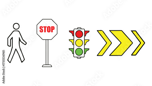 Collection of Traffic and Safety Regulation Icons: Pedestrian, Stop Sign, Signal Light, and Arrow