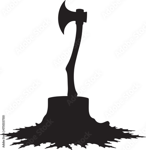 Black silhouette of an axe stuck in a tree stump with wood chips