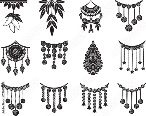 A collection of intricate black and white designs, including floral patterns, geometric shapes, and abstract forms, arranged in a grid format.