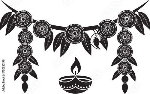 A black and white illustration of a traditional Indian garland with flowers and leaves, hanging from a string with a lit candle at the bottom.
