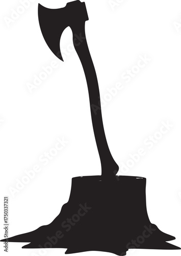 Black silhouette of an axe stuck in a tree stump wood