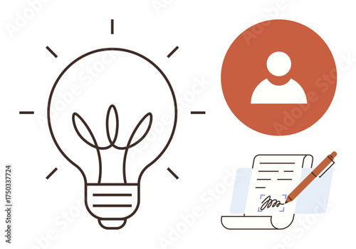 Light bulb representing ideas, a signed contract symbolizing agreement, and a person icon suggesting collaboration. Ideal for creativity, partnership, entrepreneurship, teamwork, innovation