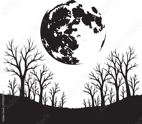 Black silhouette of bare trees against a large full moon