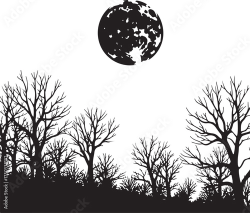 Black silhouette of bare trees and full moon branches