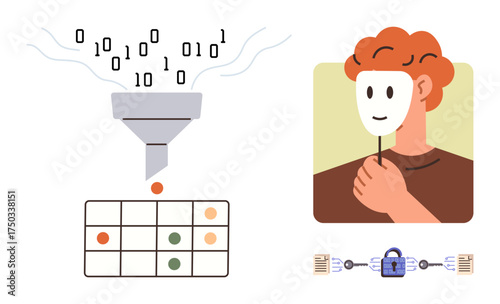 Data funnel transforming binary input to structured output, figure holding mask symbolizing anonymity, and blockchain padlock for security. Ideal for privacy, cybersecurity, anonymity, encryption