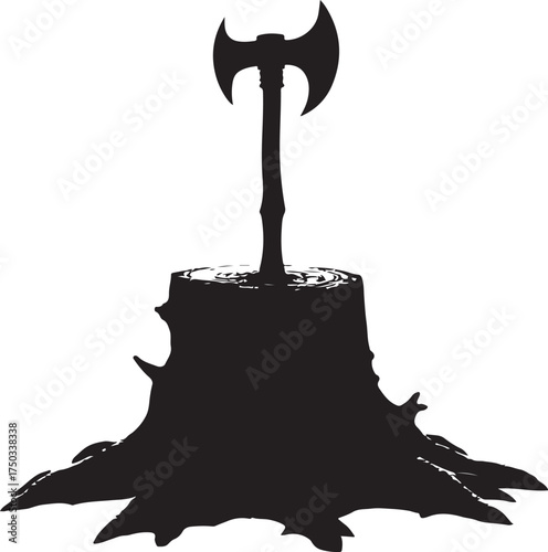 Black silhouette of double bladed axe in tree stump