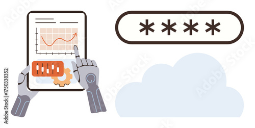 Robotic hands interact with a tablet showing a graph and data, alongside a password field and cloud icon. Ideal for technology, automation, cybersecurity, AI, innovation, cloud computing, data