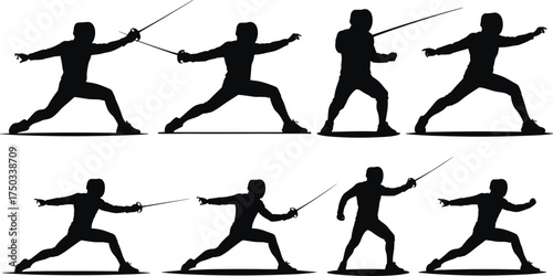 Fencing Silhouettes Set – Dynamic Sword Fighting Poses Collection