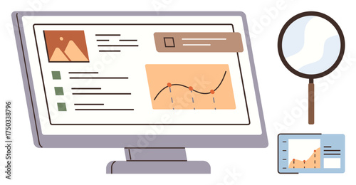 Computer monitor displaying data graphs, text blocks, and checklist. Magnifying glass and tablet highlight analysis concept. Ideal for research, data analysis, business, strategy, technology