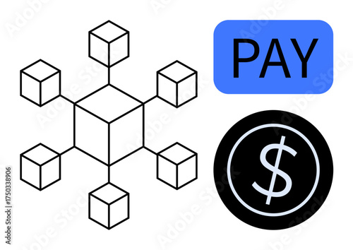 Connected blocks signify a blockchain network. Includes PAY text and dollar coin icon. Ideal for cryptocurrency, finance, technology, digital economy, payment systems, fintech, distributed ledger