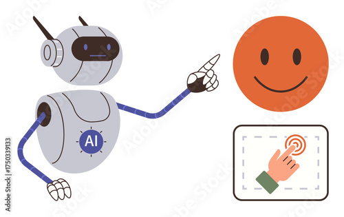 Friendly AI robot gestures at a smiling face and touch input, representing technology, communication, interactivity, emotions, user experience, artificial intelligence, and decision-making. Simple
