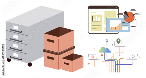 Filing cabinet and cardboard boxes for physical storage, analytics screen with pie and bar charts, and digital cloud with network for connectivity. Ideal for organization, data, digital