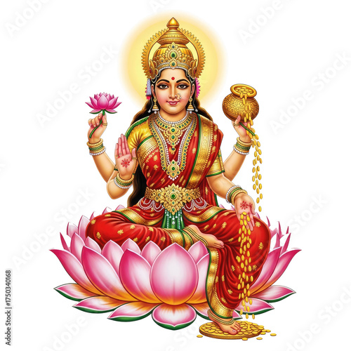 A serene image of a woman in traditional Indian attire, holding a flower and a pot of gold, with a serene expression on her face.