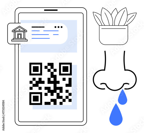 QR code displayed on a smartphone next to digital bank notification, potted plant, and runny nose. Ideal for technology, finance, health, environment, allergies apps minimalism. Simple flat
