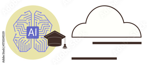 Artificial brain with AI label, academic cap symbolizing education, and cloud computing icon. Ideal for technology, education, artificial intelligence, cloud storage, innovation, e-learning future
