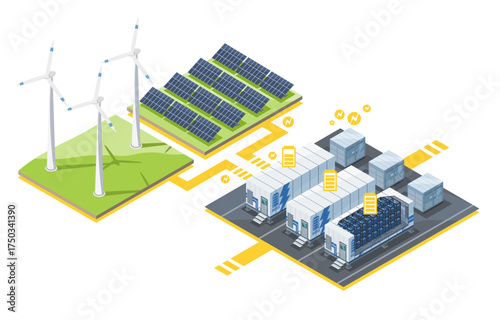 Isometric illustration of renewable energy storage system with solar panels wind turbines and advanced ESS BESS technology for sustainable power management