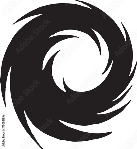 Black swirling vortex abstract shape on white background