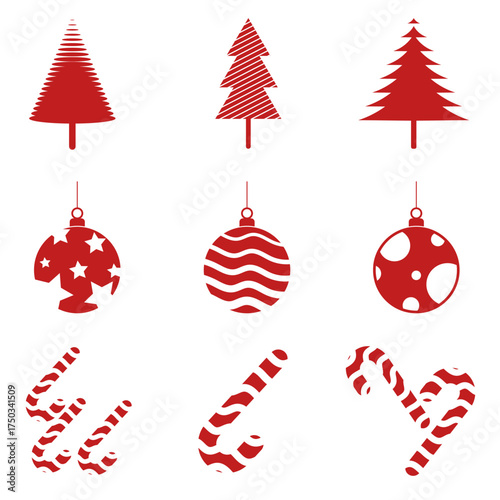 A cheerful assortment of Christmas symbol concept. and A minimalist Christmas design pack featuring winter snowflakes, evergreen trees, sparkling baubles