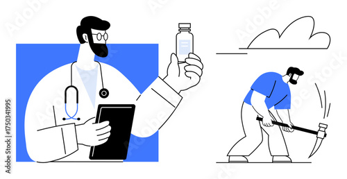 Doctor holding vaccine bottle and tablet in one setting, laborer digging with a pickaxe in another. Ideal for health, labor, productivity, vaccination, contrast, effort and wellbeing. Simple flat