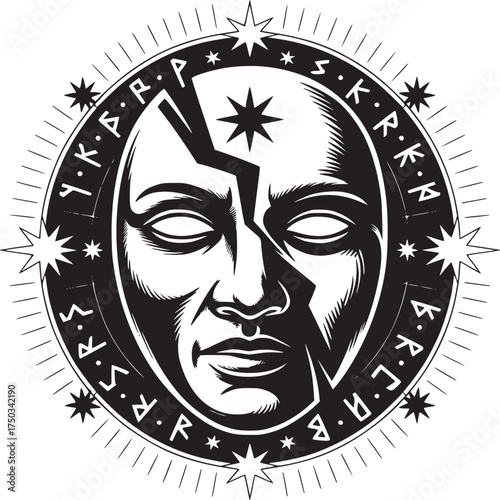 Mystical face with crack and runic circle design for tattoo or occult symbol illustration asset