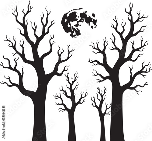 Silhouetted bare trees and textured moon against white background